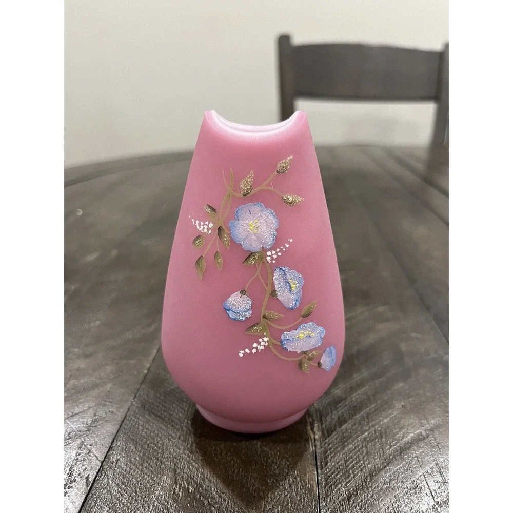 Fenton Rose Quartz Glass Vase Morning‎ Glories Decoration 1980's - 4.5